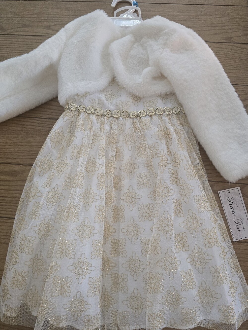 Rare Too Girls Ivory Dress with Gold Floral Sparkle 24 Months